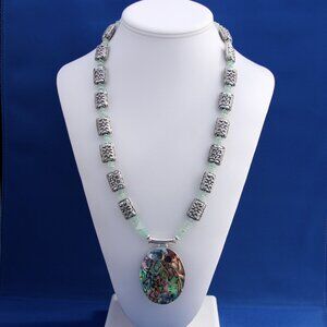 Vintage Paua Abalone Shell Pendant & Green Chrysoprase with Bali Silver Necklace